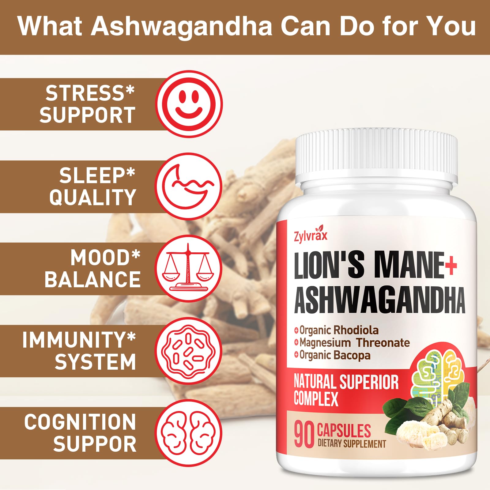 Zylvrax Lions Mane & Ashwagandha Supplement ingredients list