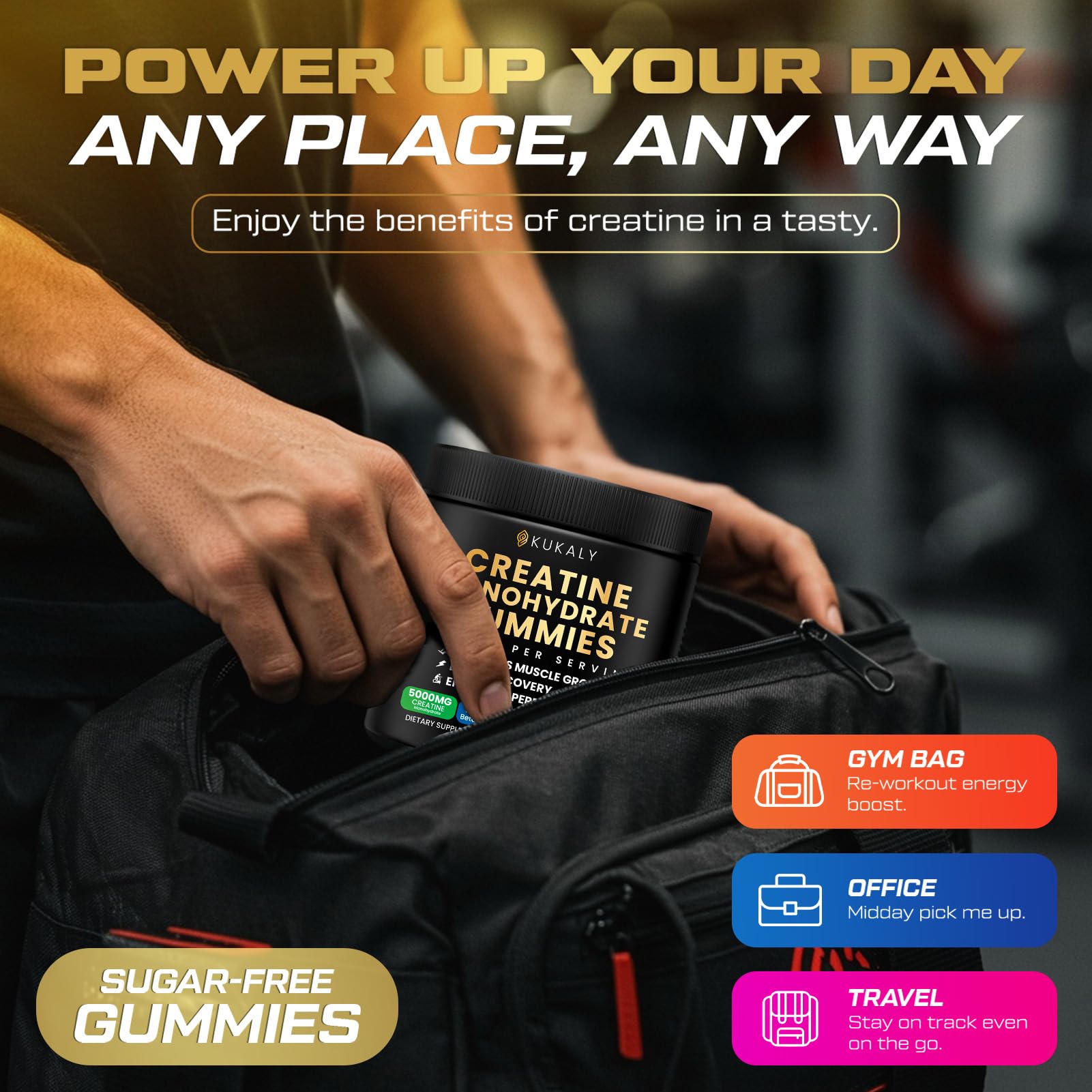 ZyterX Creatine Monohydrate Gummies on a gym bench