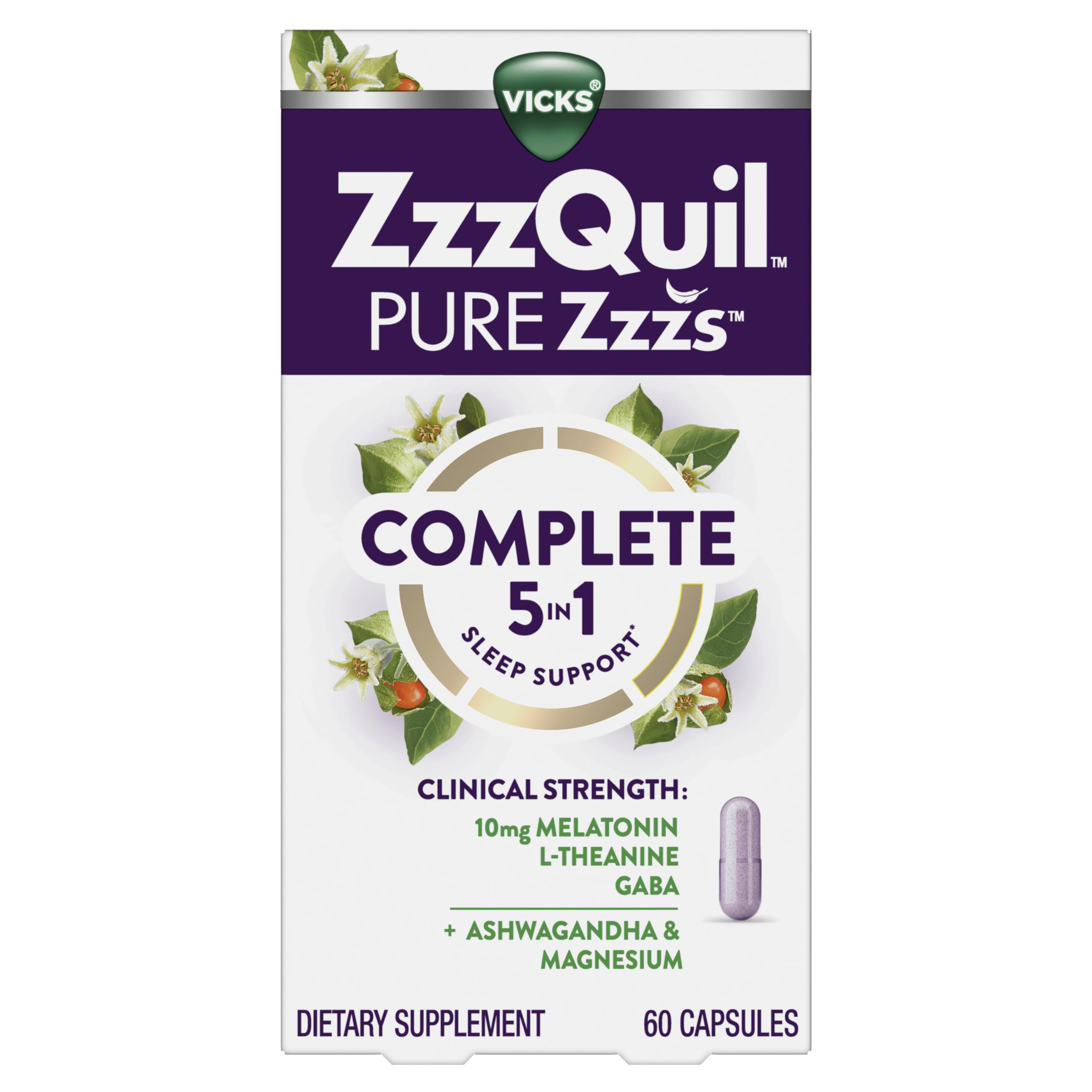ZzzQuil Complete Sleep Capsules with a nightstand background