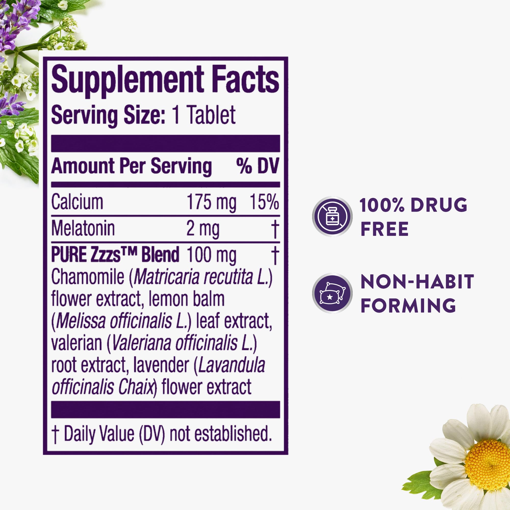 ZzzQuil Melatonin Sleep Aid 2mg tablets with lavender sprigs
