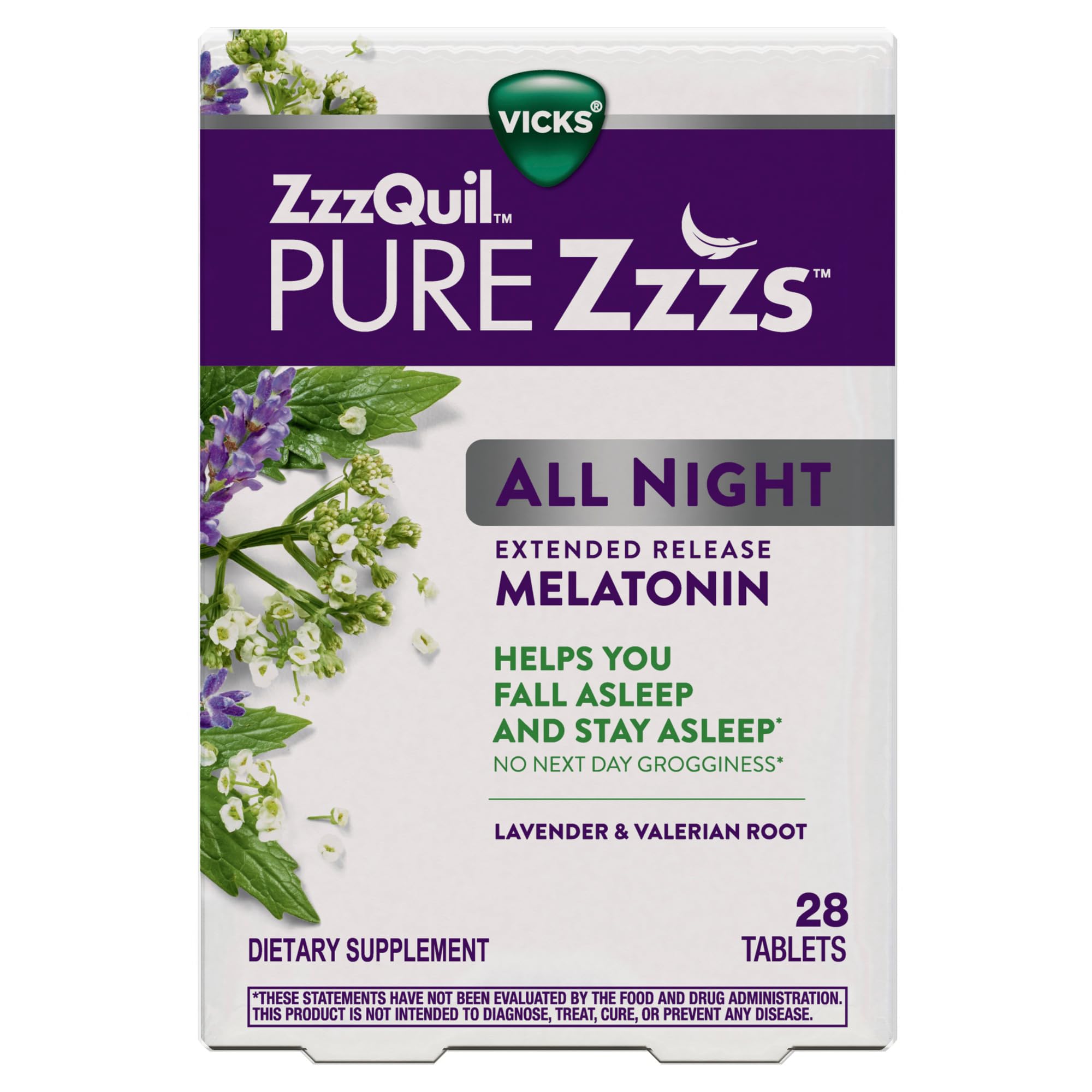 ZzzQuil Melatonin Sleep Aid 2mg tablets with lemon balm leaves