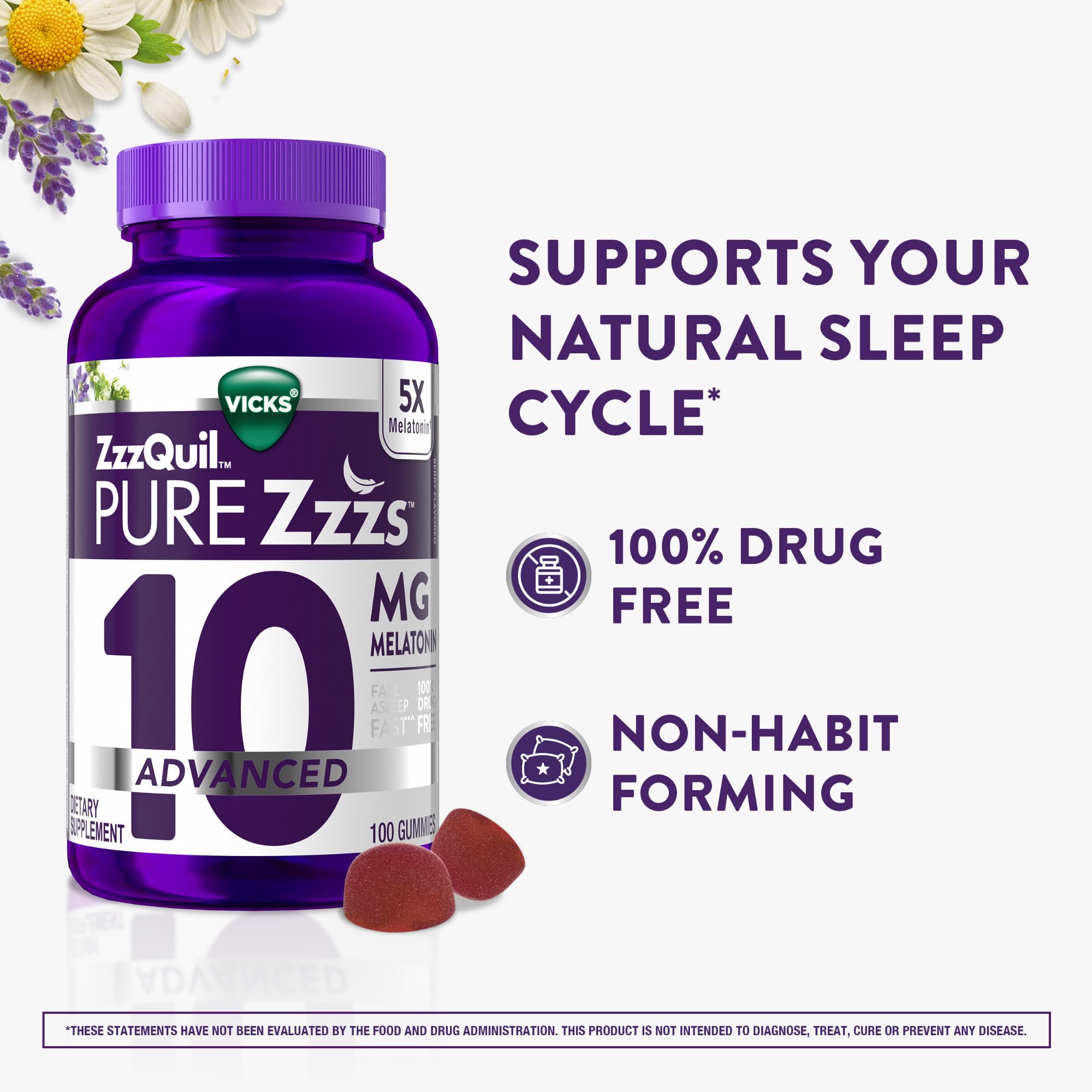 ZzzQuil PURE Zzzs Advanced 10mg Melatonin Gummies close-up of gummies