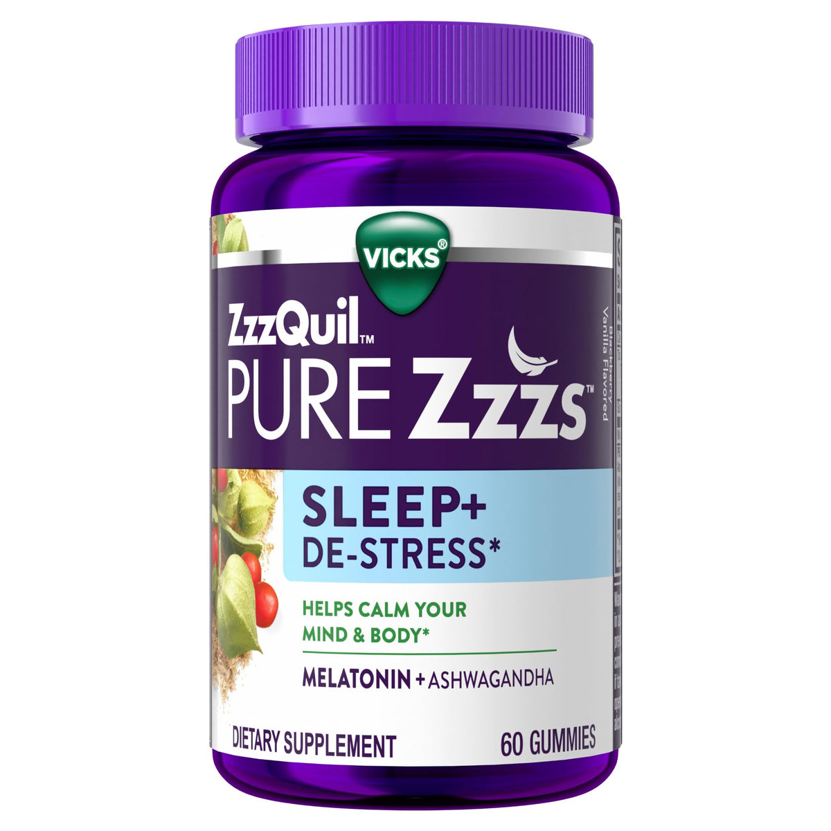 ZzzQuil PURE Zzzs De-Stress Melatonin Gummies front view