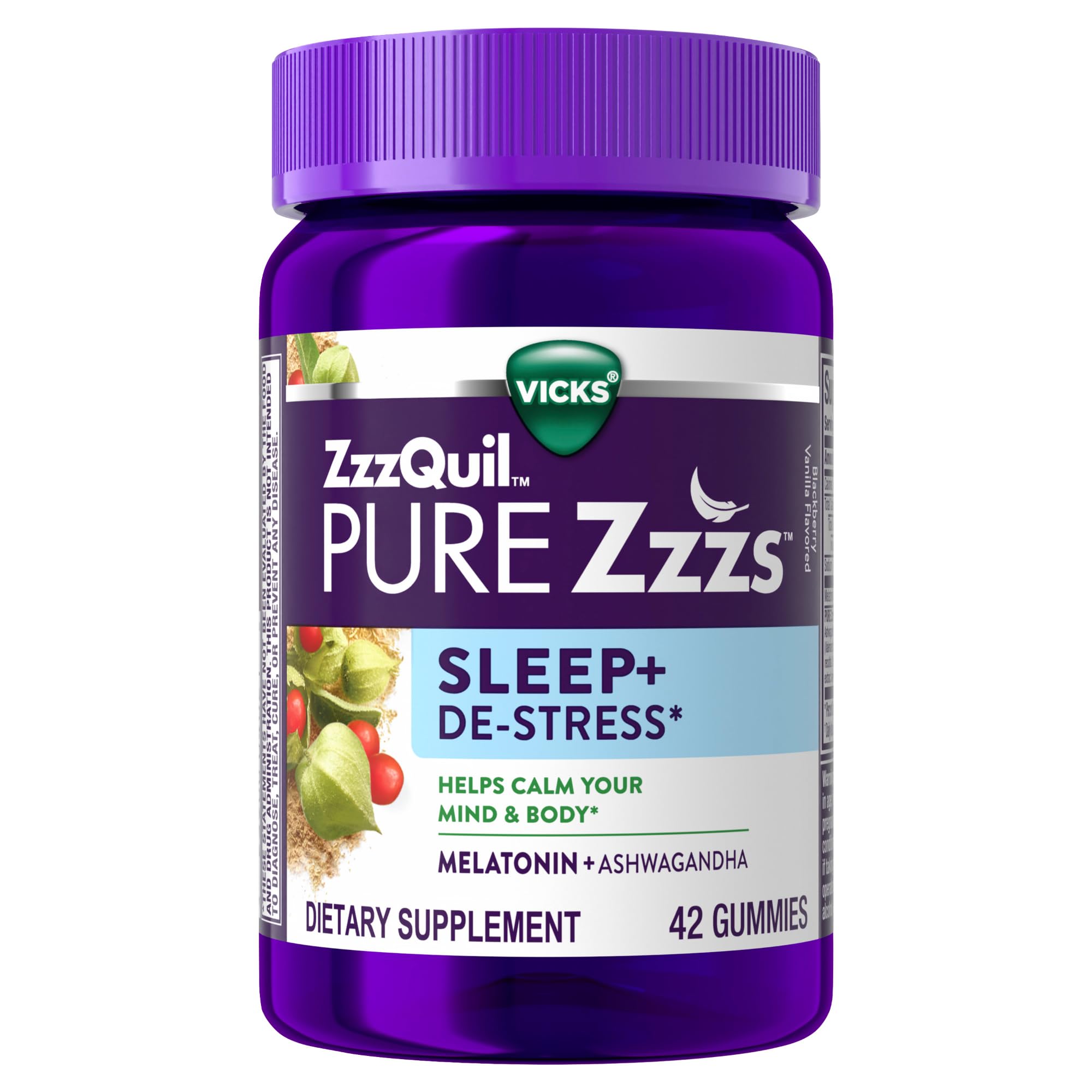 ZzzQuil PURE Zzzs De-Stress Melatonin Gummies front view