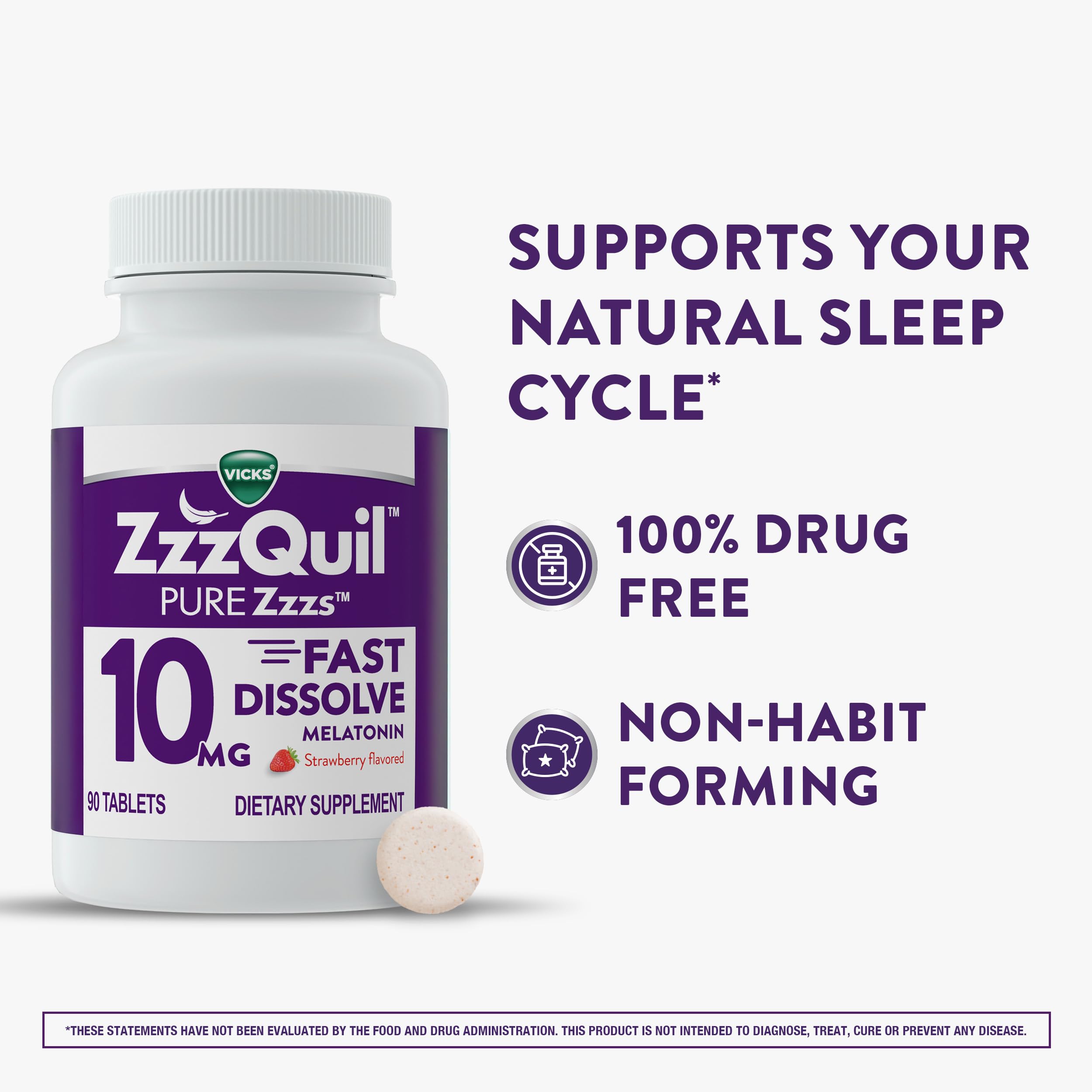 ZzzQuil PURE Zzzs Fast Dissolve Melatonin Tablets 10mg side view
