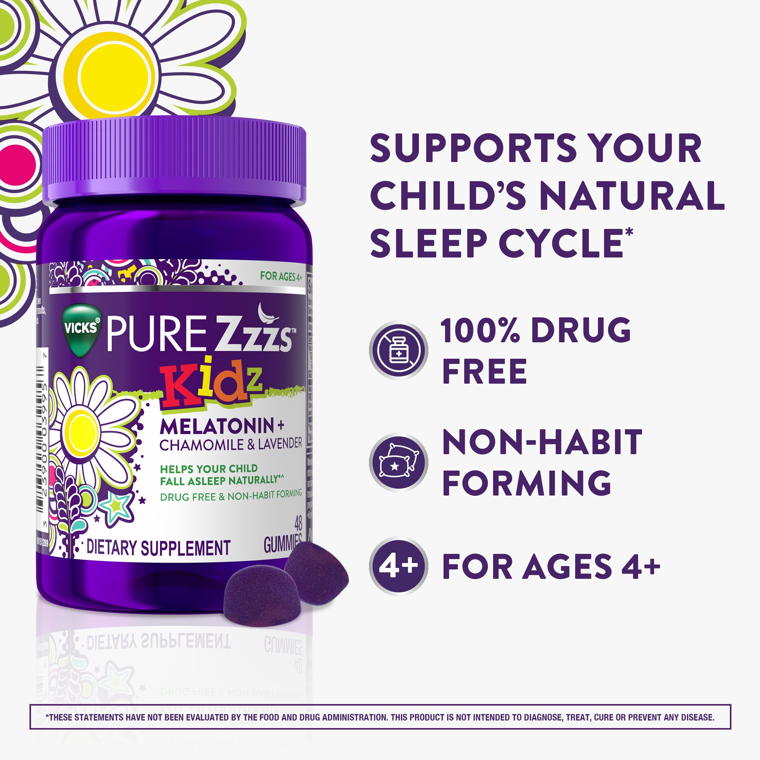 ZzzQuil Pure Zzzs Kidz Melatonin Gummies back view showing ingredients