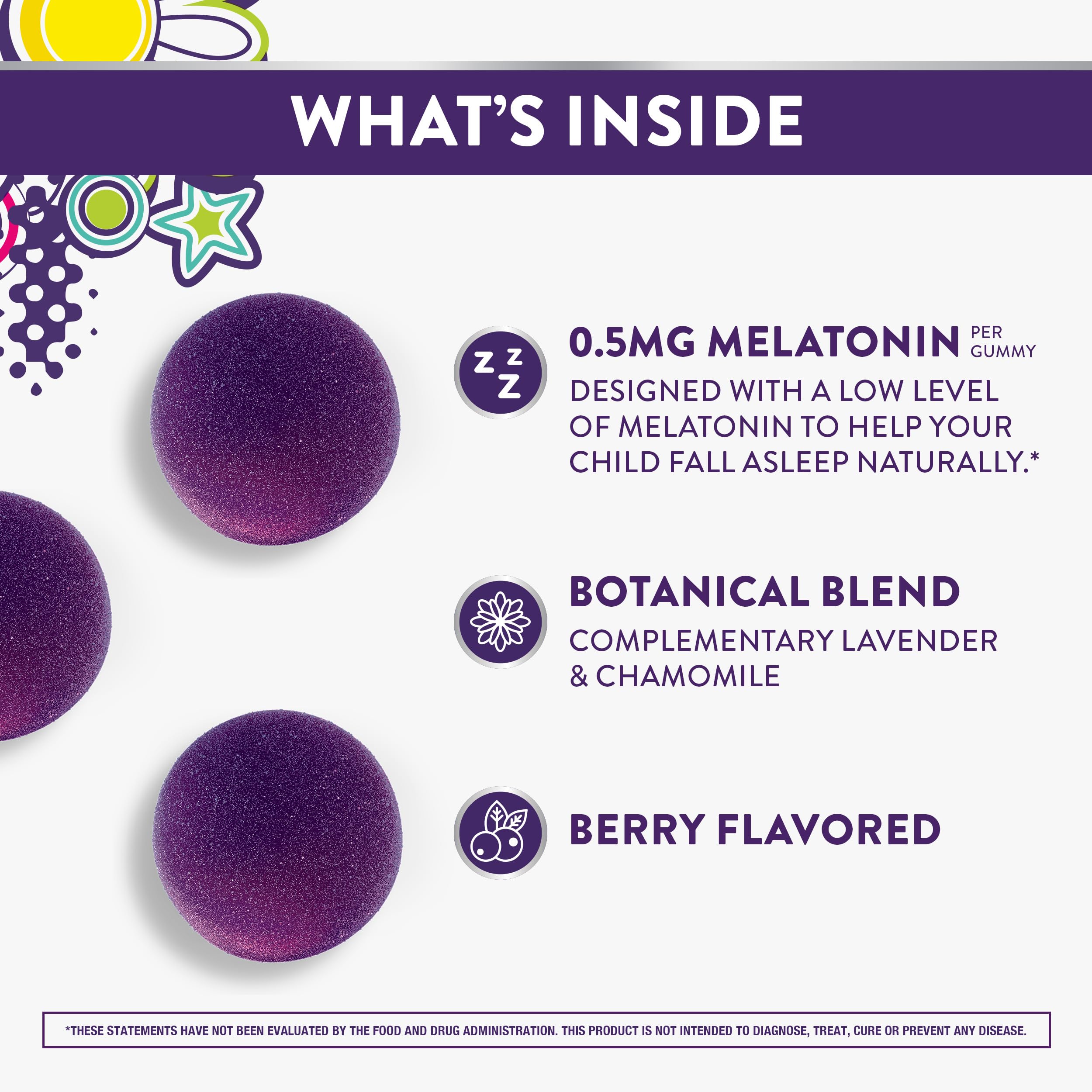 ZzzQuil Pure Zzzs Kidz Melatonin Gummies side view with dosage details