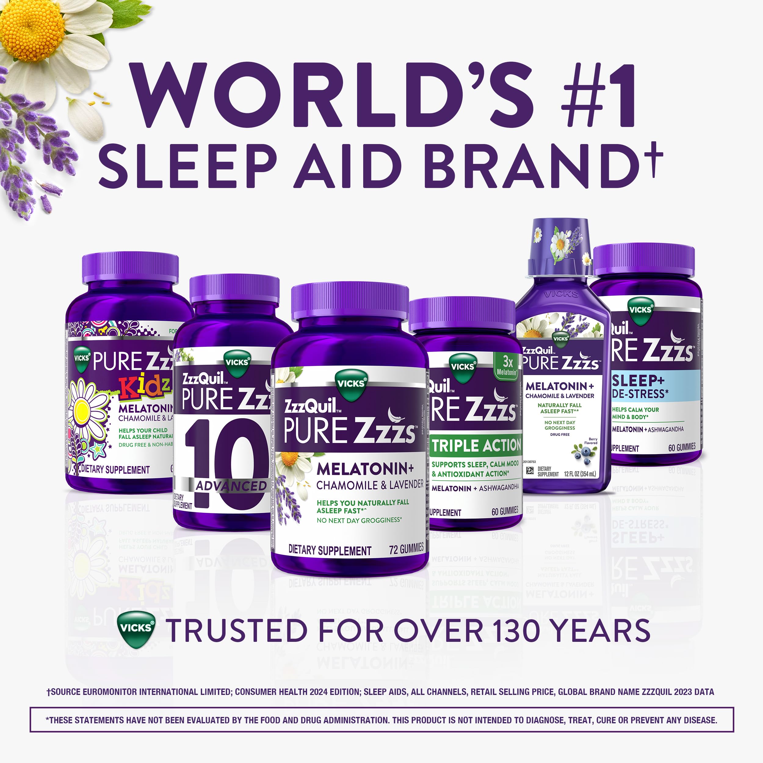 ZzzQuil Pure Zzzs Triple Action Melatonin Gummies on a bedside table